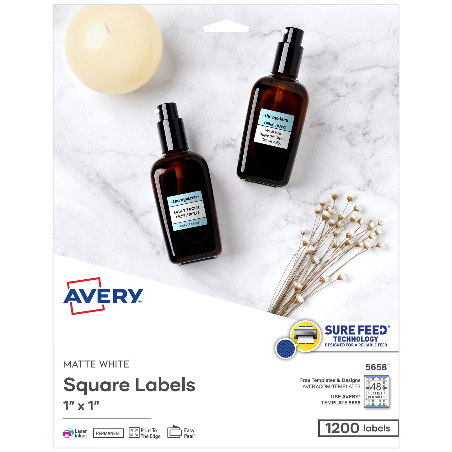 Avery Printable Square Labels with Sure Feed, 1" x 1", Matte White, Permanent Adhesive, Laser & Inkjet Printers, 1,200 Blank Labels (5658)