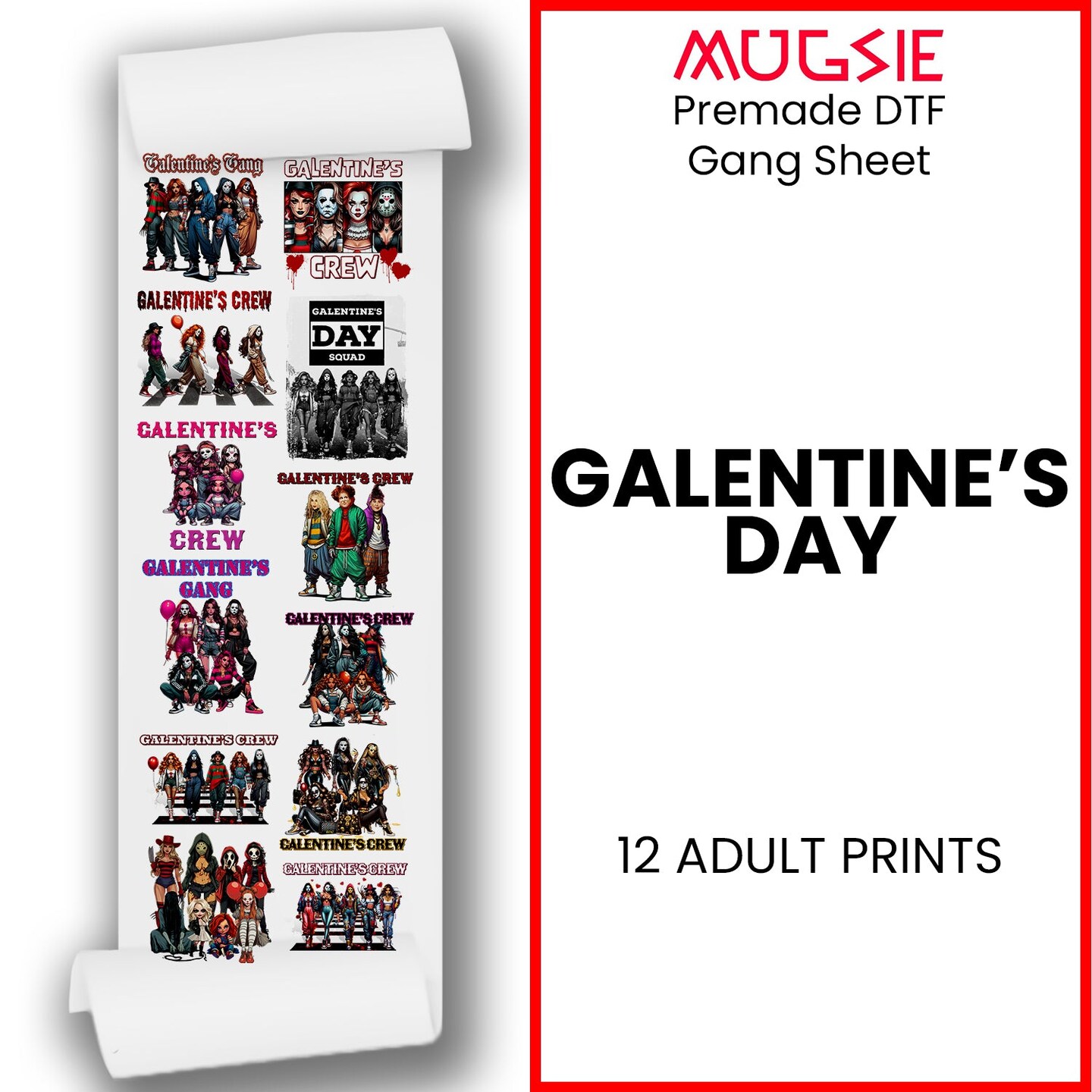 Galentine&#x27;s Day DTF Transfer 22x60 - Direct-to-Film Gang Sheet, Ready-to-Press Galentine&#x2019;s Design for Apparel