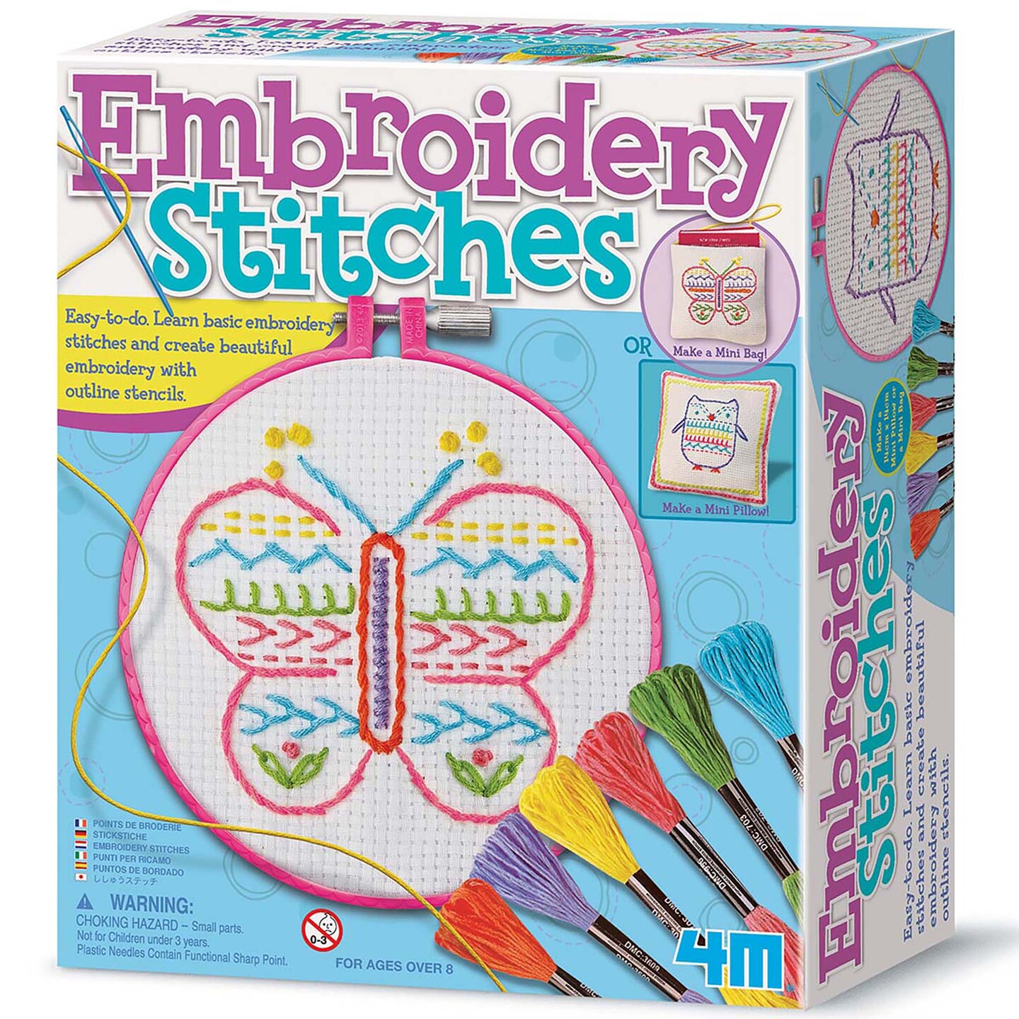 4M: Easy-To-Do: Embroidery Stitches - DIY Craft Set, Learn 10 Basic Skills, Floss-Stencils-Hoops-Canvases-Accessories, All-In-1, Beginners &#x26; Kids 8+