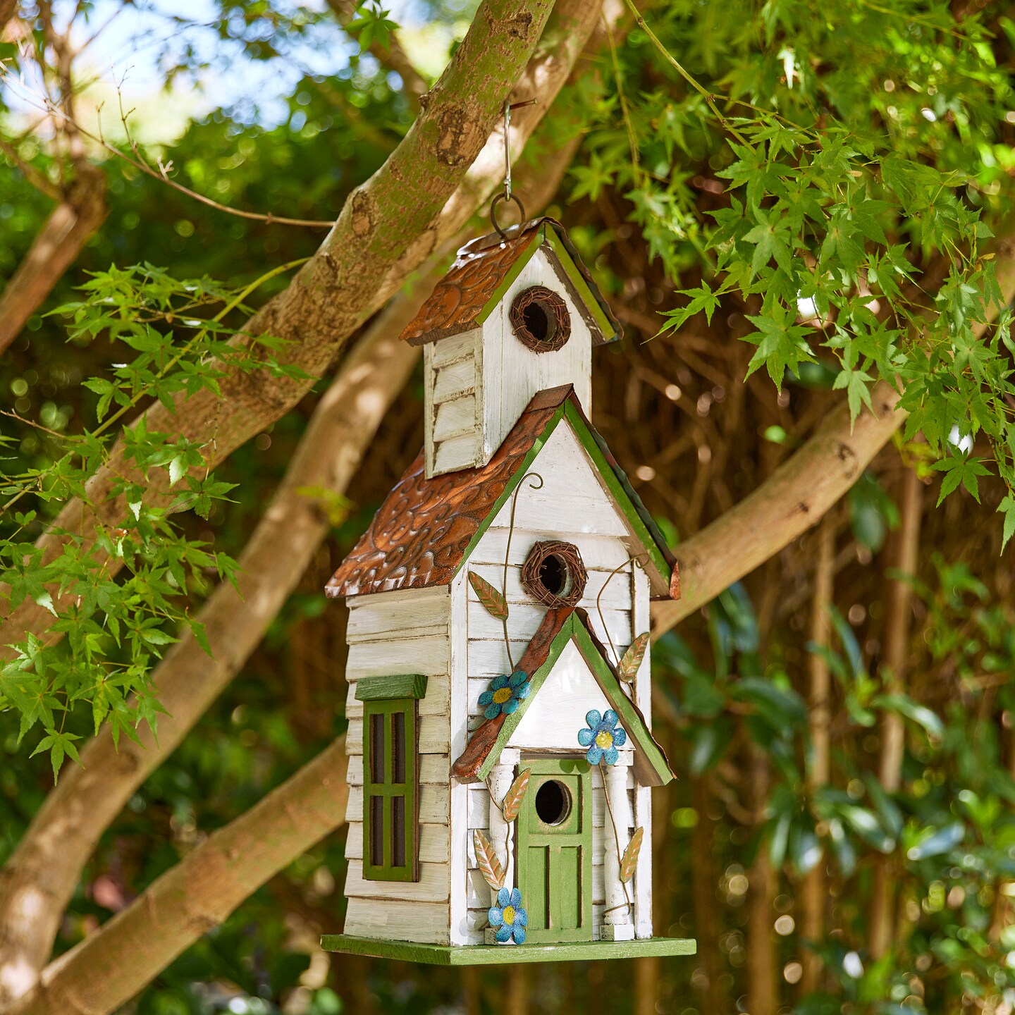 Set of 2 20"H Oversized White and Green Distressed Solid Wood 3-Story Villa Decorative Outdoor Garden Birdhouse