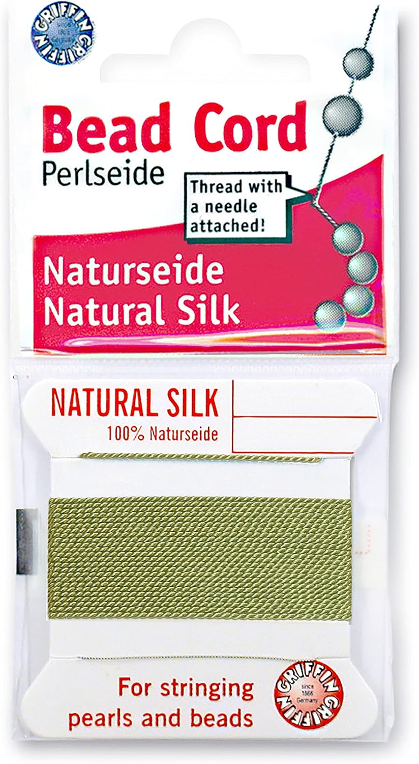 Griffin Silk Bead Cord Perlseide – Size 0 (0.30mm) – 2 Meters per Card – Stainless Steel Needle Attached – for Knotting Pearls, Gemstones, Crystals and Beads