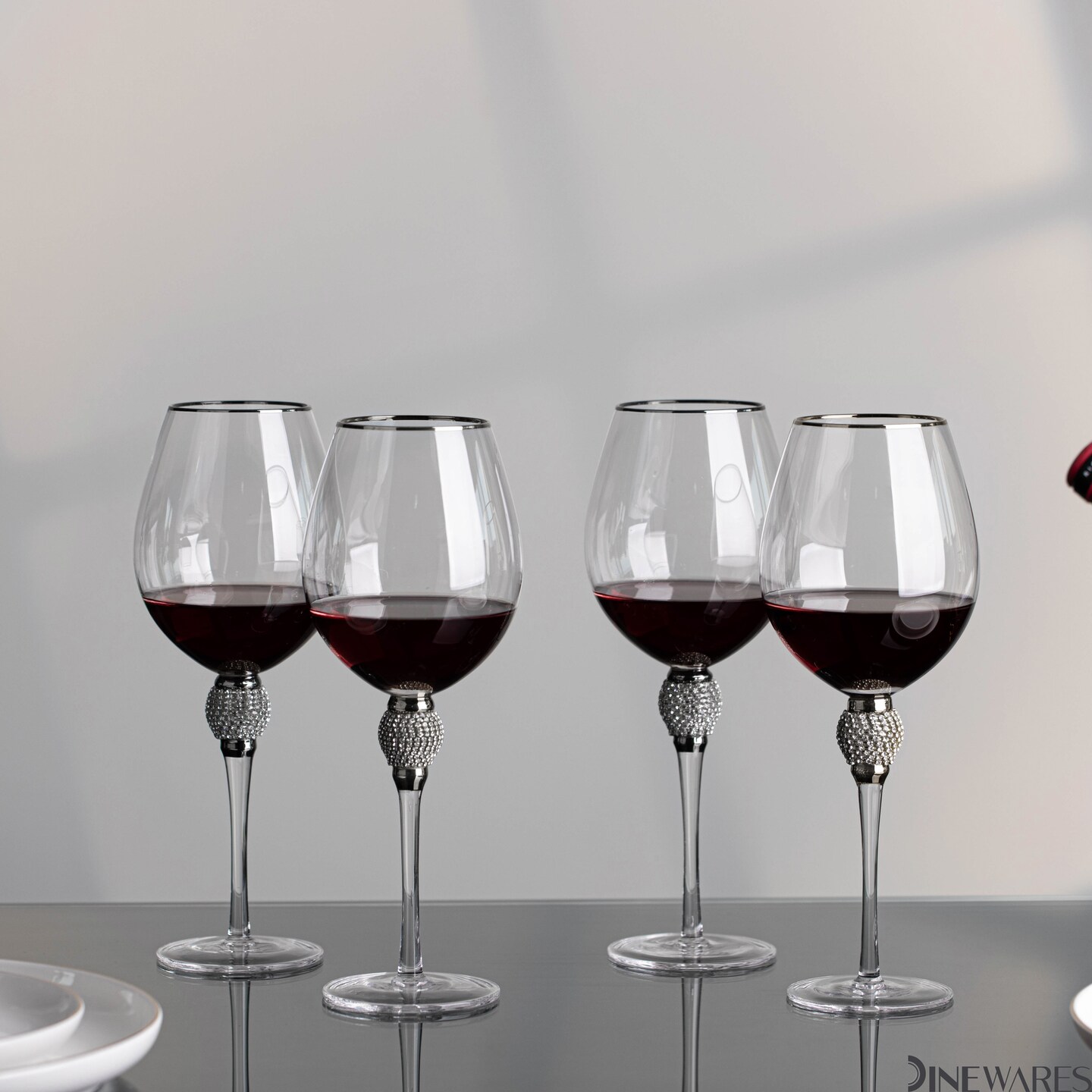Rimmed Red Wine Glasses with Diamond Rhinestone Accent - 18 oz, 10 Inches Tall - Perfect Toasting Glasses for Bride and Groom, Great for Party, Wedding Anniversary and Special Occasion