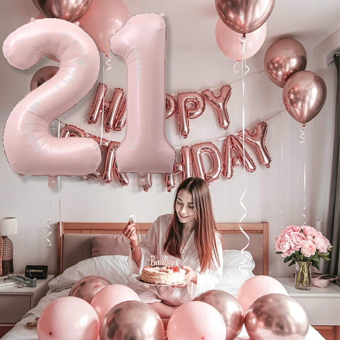 Light Pink 21st Birthday Balloon for Women, 40&#x27;&#x27; Self Inflating Mylar Number 21 Balloons (Pink)