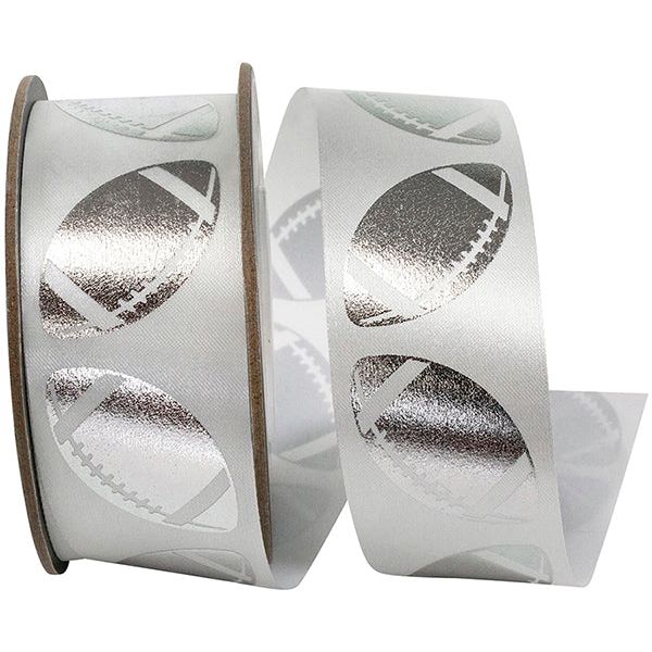 1 3/8 in Homecoming Football Ribbon: White/Silver (25 Yards)