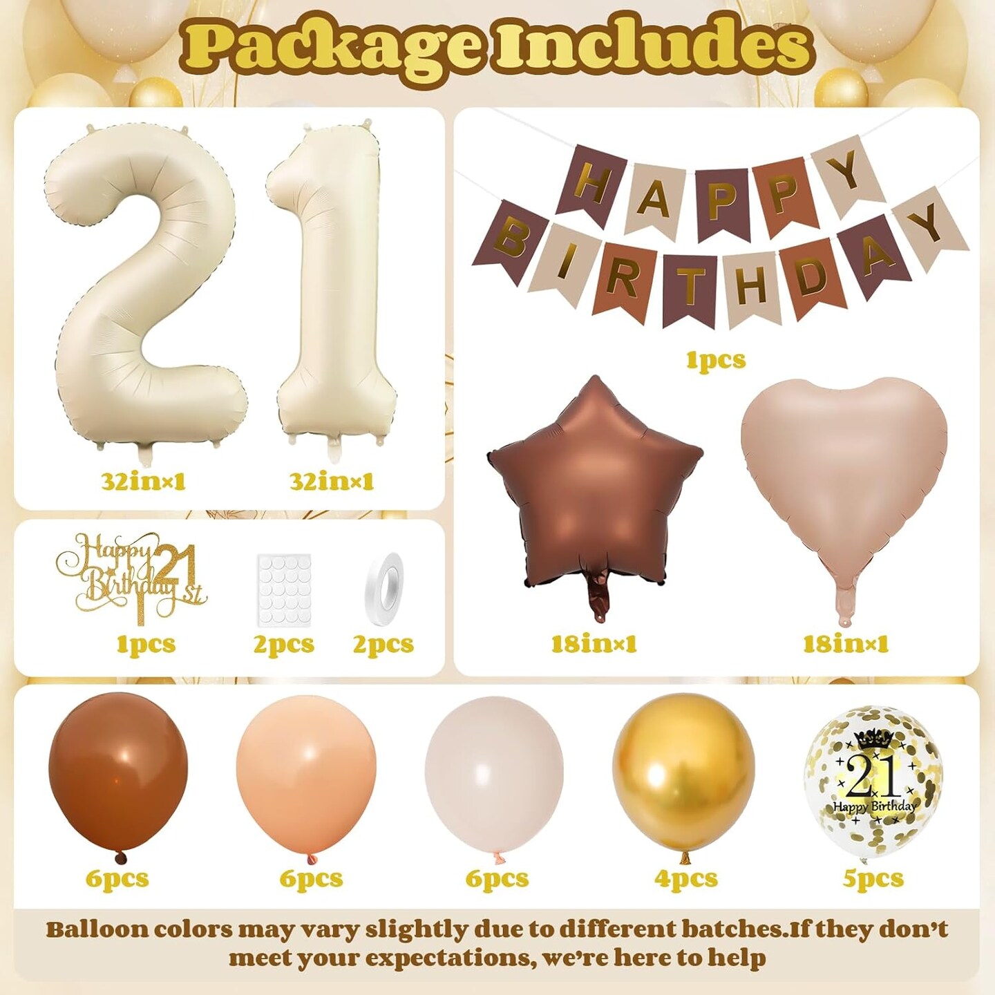21st Birthday Balloon Number 21 Foil Balloon Happy Birthday Banner with Star Heart Balloons (21st Sand White Brown)