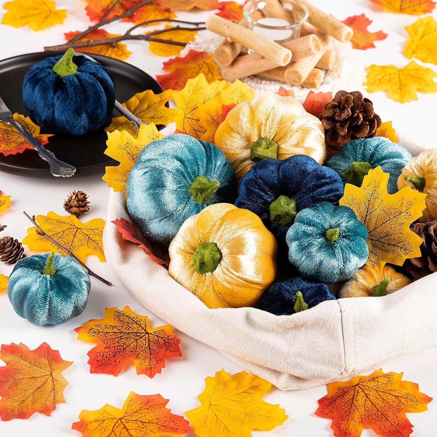 12 Pcs Pumpkin Fall Decorations (Velvet-Blue)