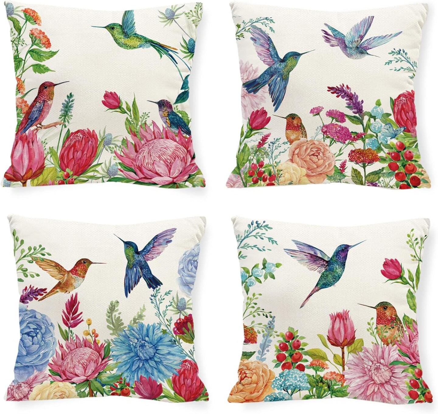 Summer Hummingbird Pillow Covers French Vintage 18 x 18 Inch Throw Pillows, Spring Peony Dahlia Floral Decorative Farmhouse Cushion Case for Sofa Couch Set of 4