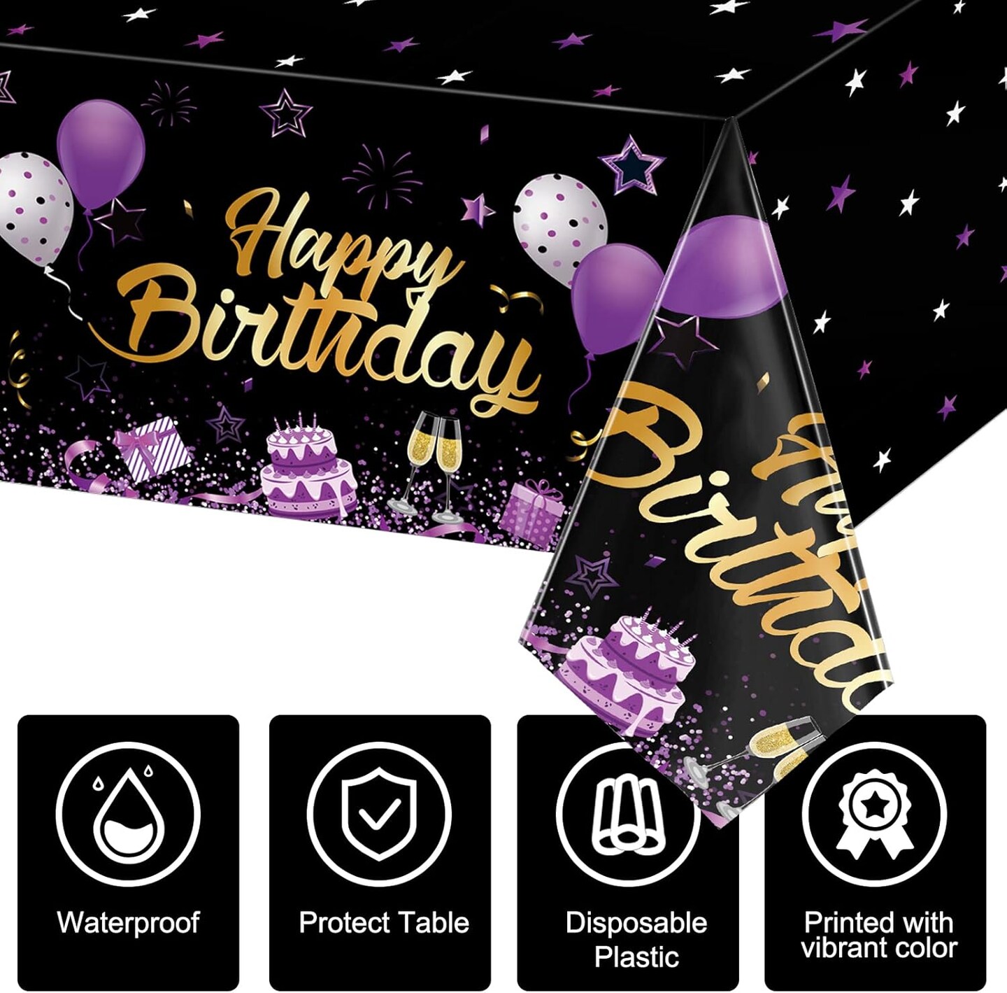 3 Pack Birthday Party Supplies Confetti Sprinkles Happy Birthday Tablecloths Starry Table Covers for Kids Adults Party Decorations, 54 x 108 Inches (Purple and Black)