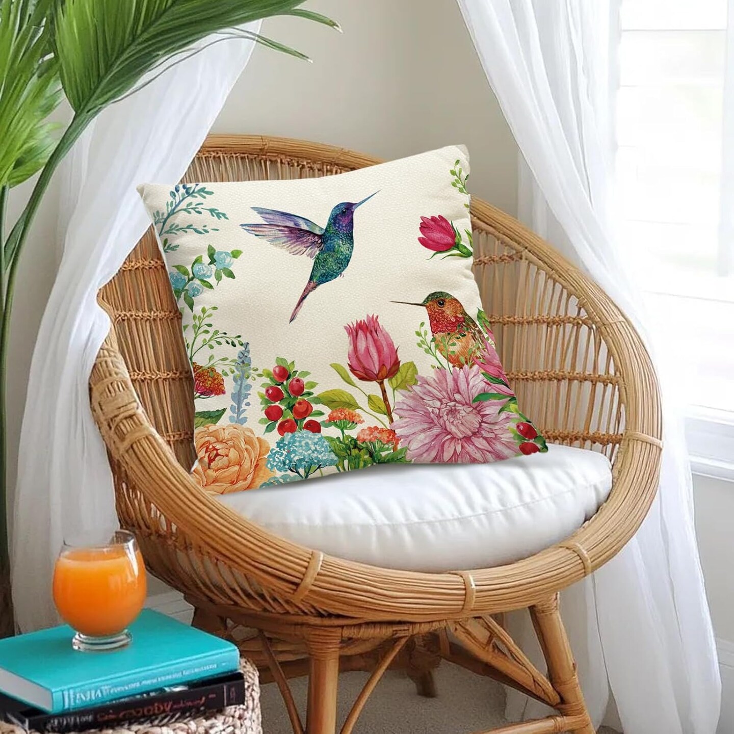 Summer Hummingbird Pillow Covers French Vintage 18 x 18 Inch Throw Pillows, Spring Peony Dahlia Floral Decorative Farmhouse Cushion Case for Sofa Couch Set of 4