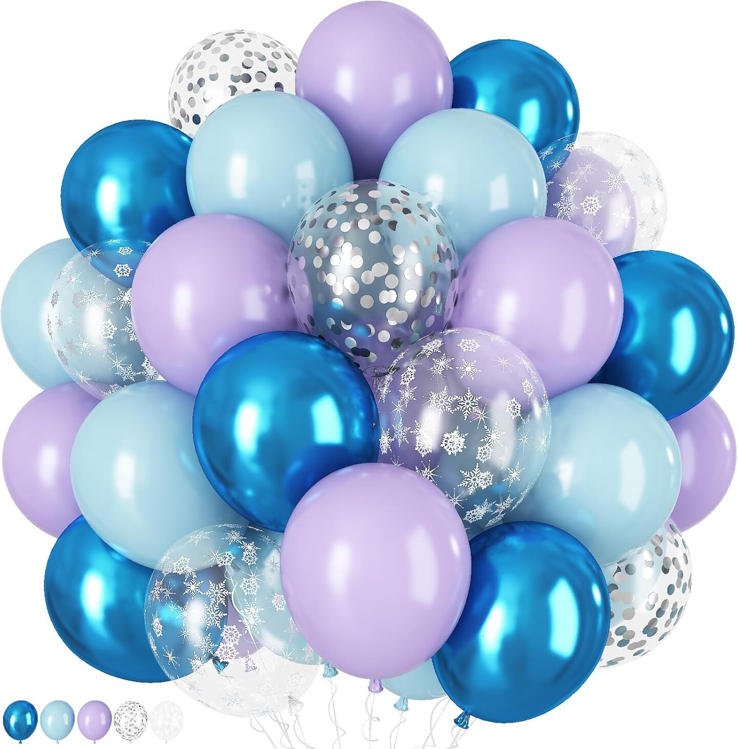 60Pcs Frozen Balloons, Dusty Light Blue Purple Metallic Dark Blue with Snowflake Clear Silver Confetti Latex Balloon for Girls Winter Wonderland Birthday Baby Shower Christmas Frozen Party Decorations
