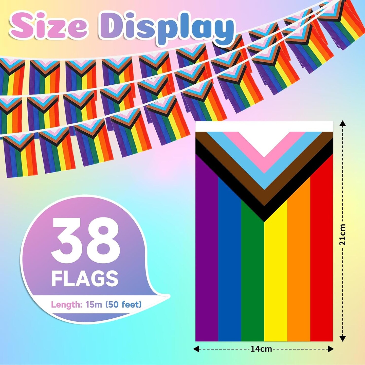 38PCS/50Feet Progress Pride Flags Banner, LGBTQ Pride Rainbow Bunting with String for Garden Bar, Pride Banner Decorations for Outdoor Indoor Party Decoration Celebrating Month Events