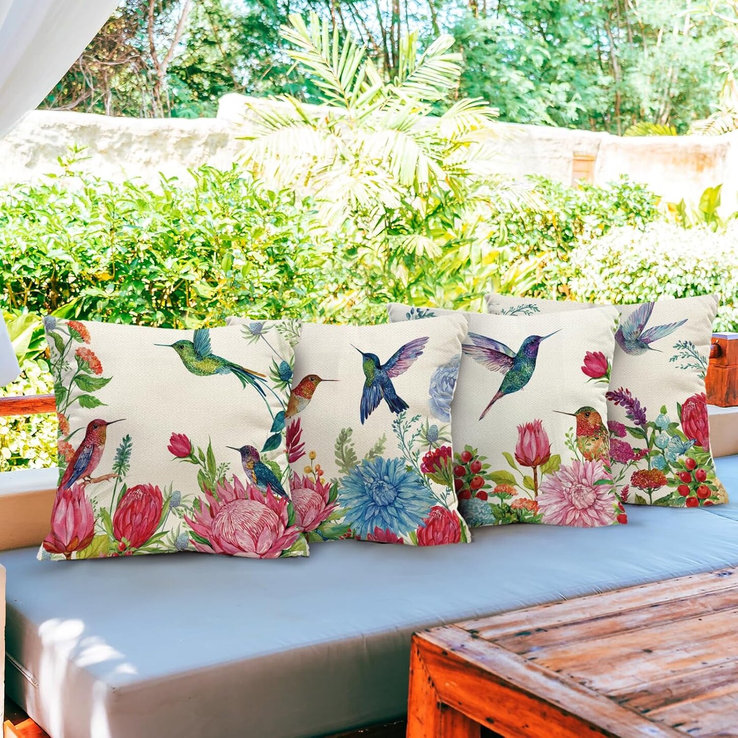 Summer Hummingbird Pillow Covers French Vintage 18 x 18 Inch Throw Pillows, Spring Peony Dahlia Floral Decorative Farmhouse Cushion Case for Sofa Couch Set of 4