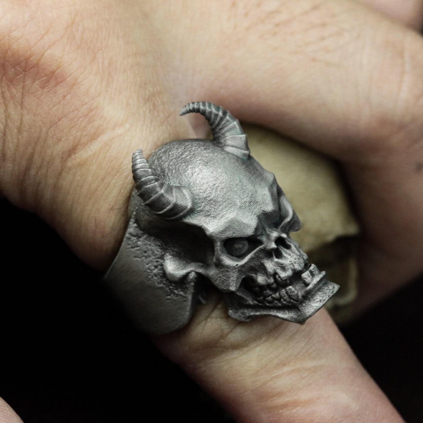 Demon Skull Ring with Horns and Fangs - 925 Sterling Silver