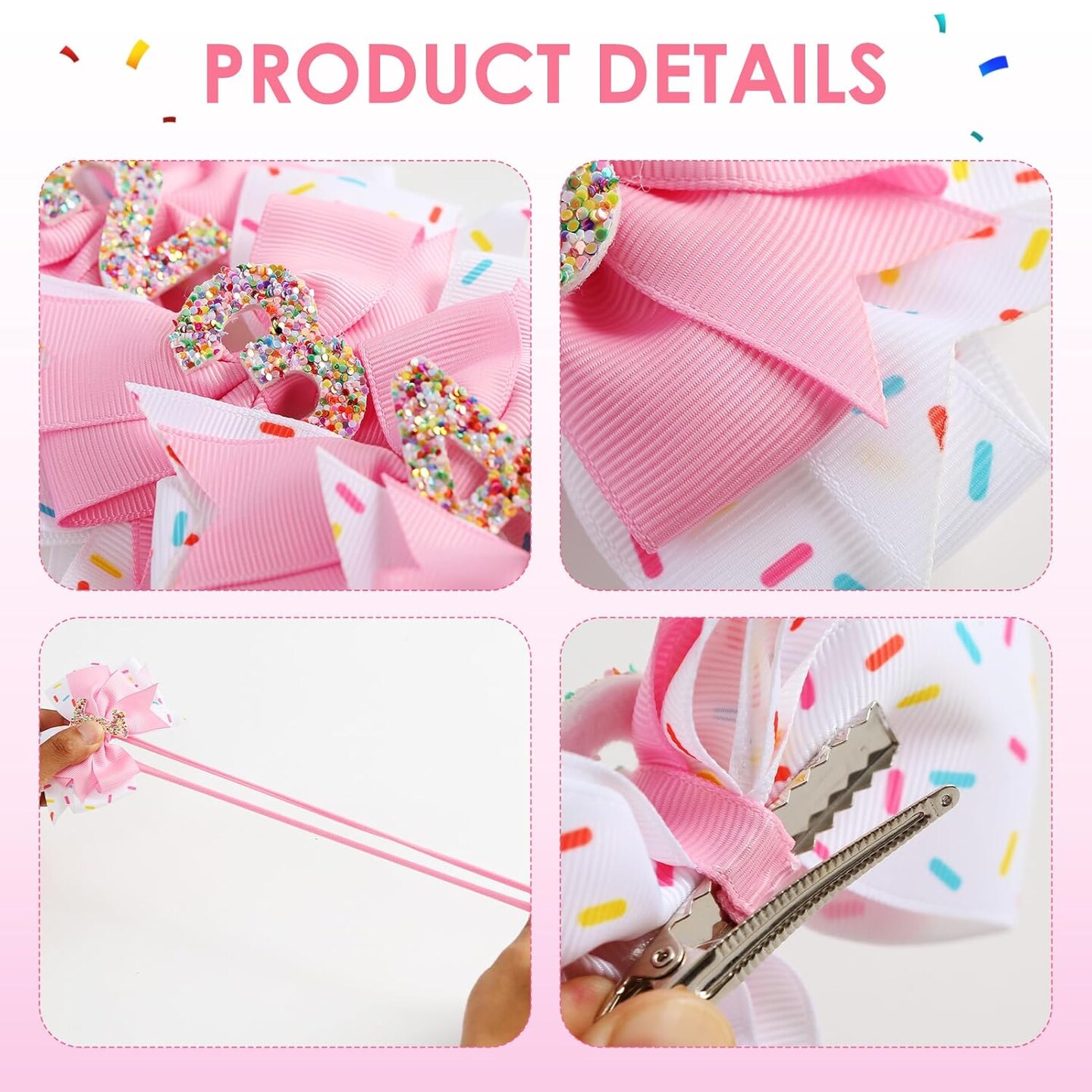 Birthday Hair Bow for Baby Girls 1 2 3 4 5 6 Years Sprinkle Decorations Confetti Ice Cream Party Pink Hair Accessories for 6th Birthday
