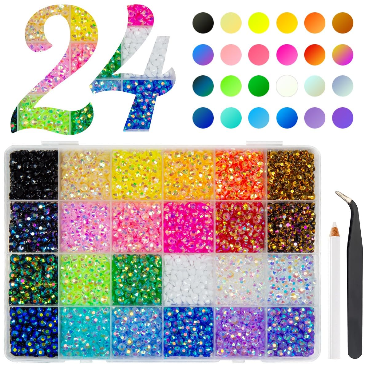 24-Color 5mm Crystal Resin Rhinestones – Flatback Rainbow Gems for DIY Crafts, Nail Art, Face & Eye Makeup, Tumblers, Bottles, Clothing, Shoes, Charms