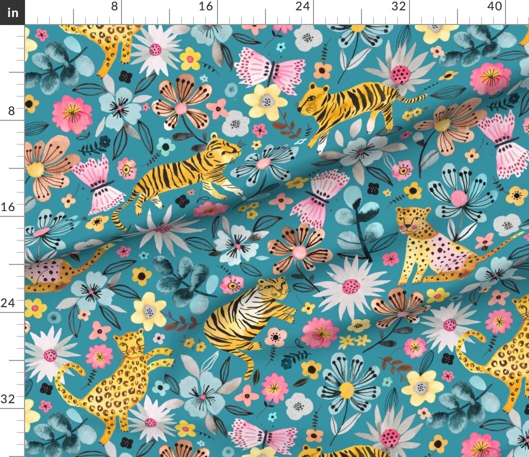 Tigers Leopards Tropical Watercolor Animals Zoo Jungle Kids Whimsical Safari Floral Botanical Rainforest Large Scale Jumbo Blue Custom Printed Fabric by Spoonflower Various Fabrics by the Yard or Fat Quarter 12130670