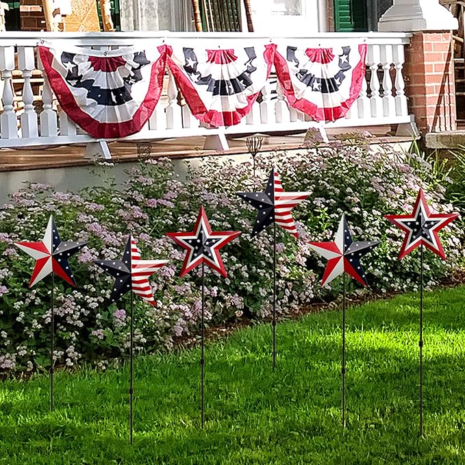 6 Pcs 22" Patriotic Metal Barn Star Garden Stakes, Red White Blue Americana Yard Signs for 4th of July Outdoor Decorations, Lawn, Porch & Garden Decor