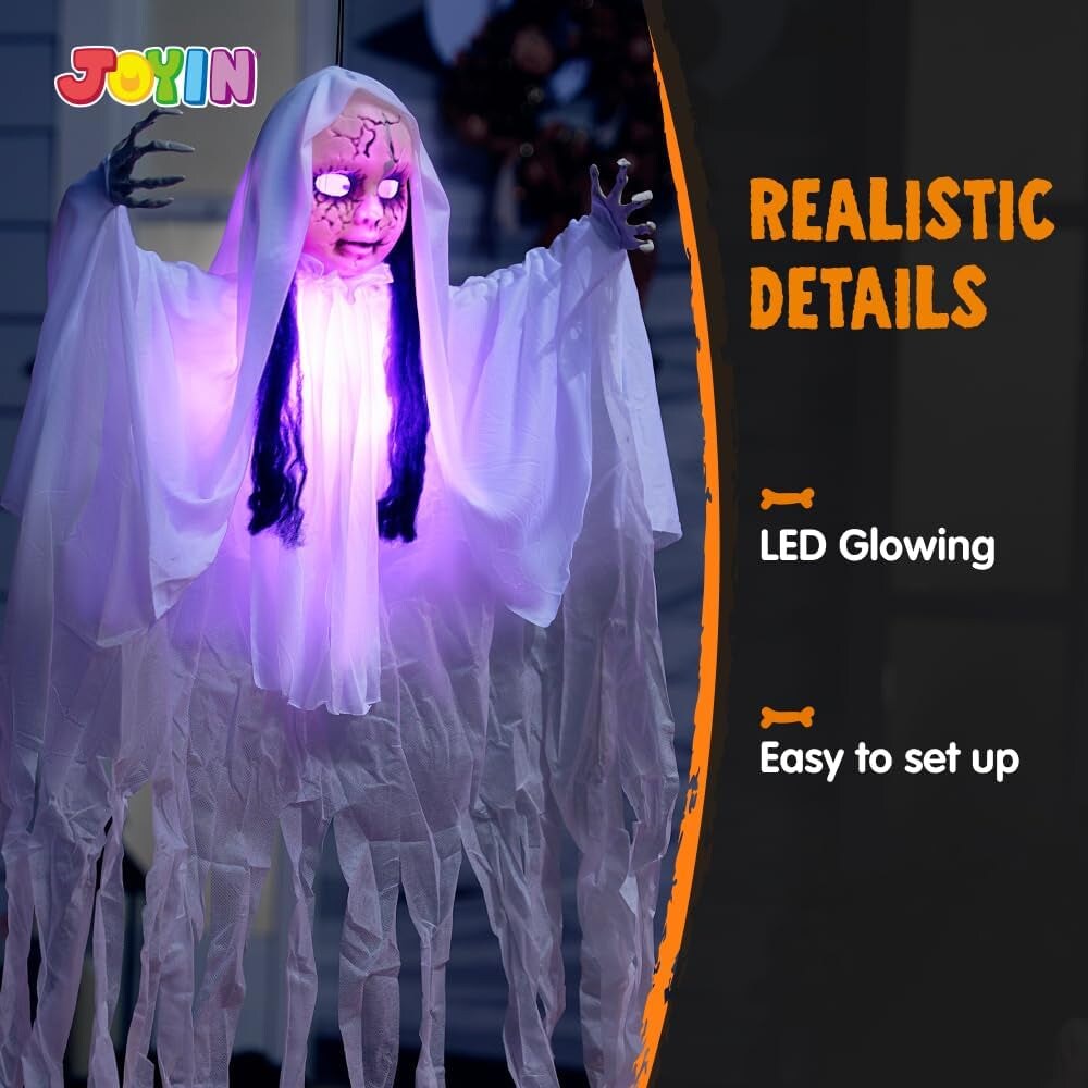 43&#x22; Halloween Hanging Ghost Decoration, Halloween Scary Hanging Ghost Girl with Light-Up Head for Halloween Outdoor, Yard, Patio Decoration, Halloween Haunted House Decorations