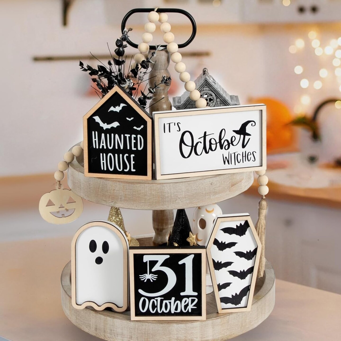 Halloween Decorations |  Halloween Tiered Tray Decor | Bat Coffin, Haunted House, Ghost, Witches, October 31 Sign, Bead Garland | Halloween Decor | Halloween Centerpiece for Table Shelf