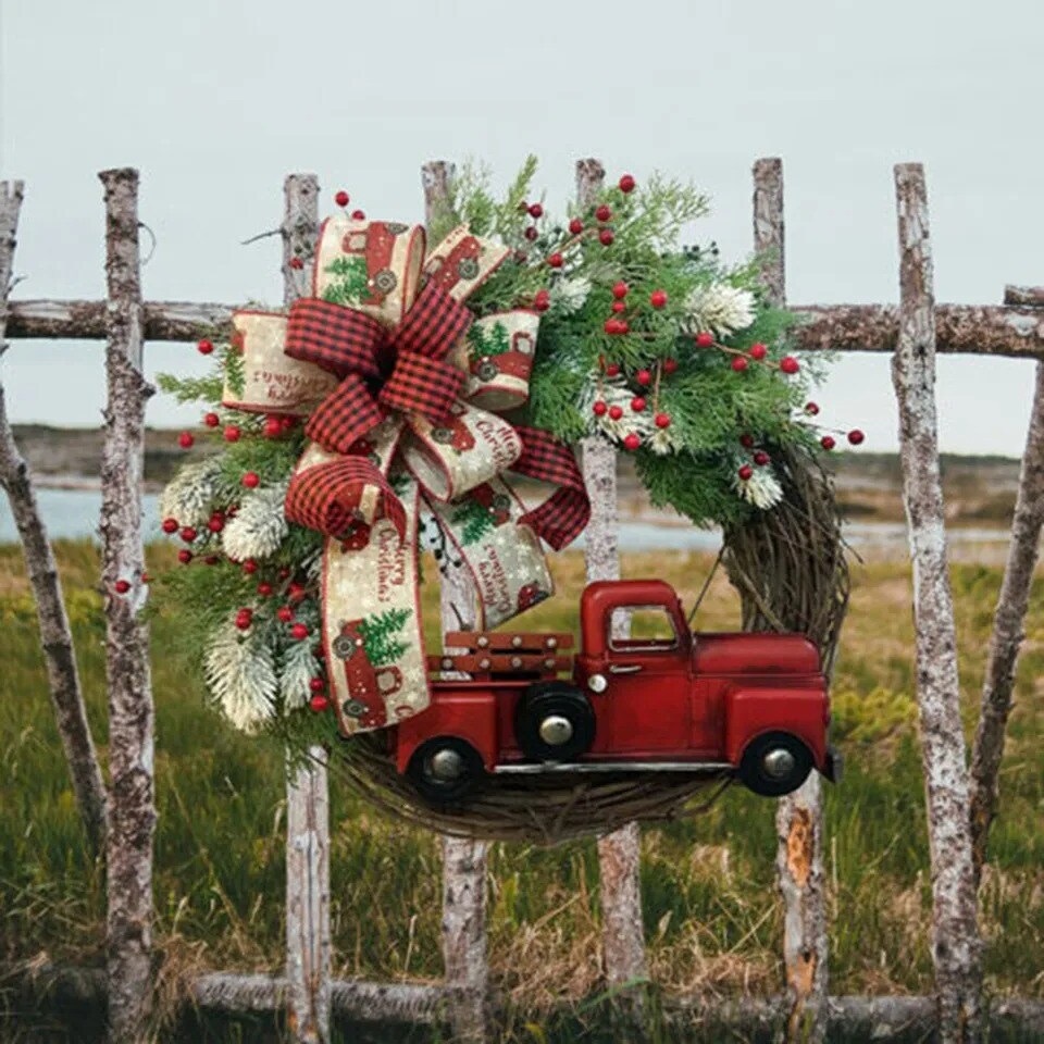 Red Truck Christmas Wreath Garland Door Ornaments Xmas Party Wall Home Decor