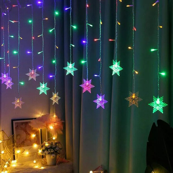 LED Christmas Curtain Snowflake Fairy String Party Lights Xmas Waterproof Decor