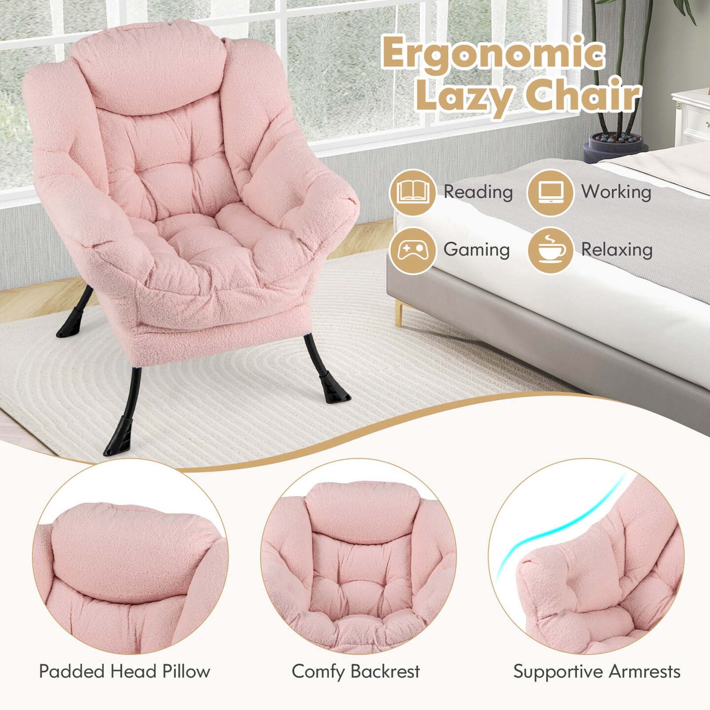 Costway Large Lazy Chair with Cozy Head Pillow Stylish Tufted Back &#x26; Seat Armrests Beige/Gray/Pink