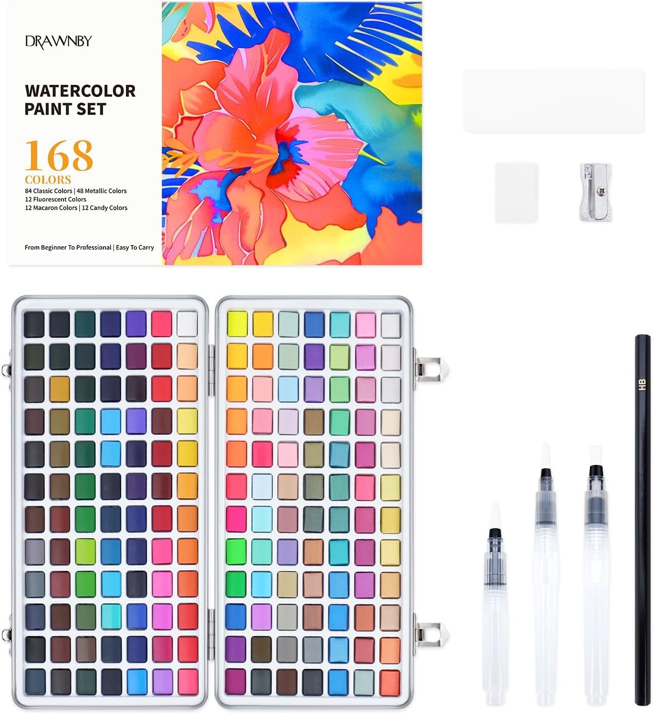 Watercolor Paint Set, 168 Vivid Colors with Regular, Macaron, Metallic &#x26; Fluorescent Colors, Travel Watercolor Set Including Palette, Water Brush Pens, Art Supplies Kit Great for Artists, Beginners