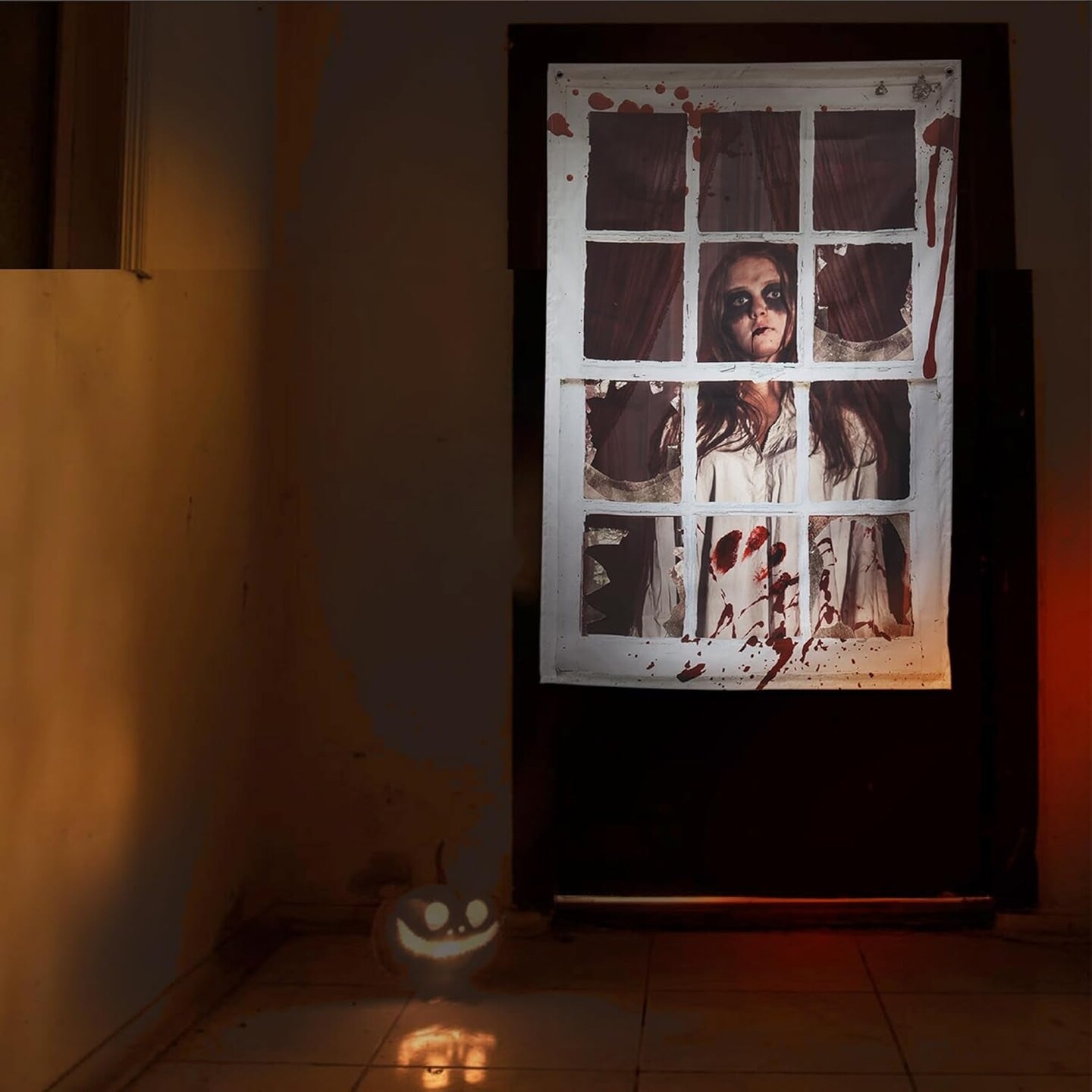Scary Halloween Window Decorations, 31.5 * 47.2&#x22; Female Ghost Curtain, Silhouette with Hanging Accessories, Covers Decoration Indoor Outdoor, Drak Grey