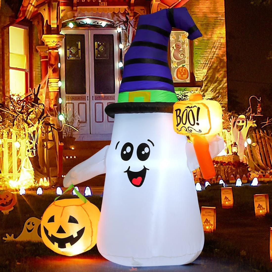 5 FT Halloween Inflatables Ghost Outdoor Decorations Blow up Yard Cute Wizard Ghost with Pumpkin with Built-In Leds for Garden Lawn Indoor Party Holiday Decor