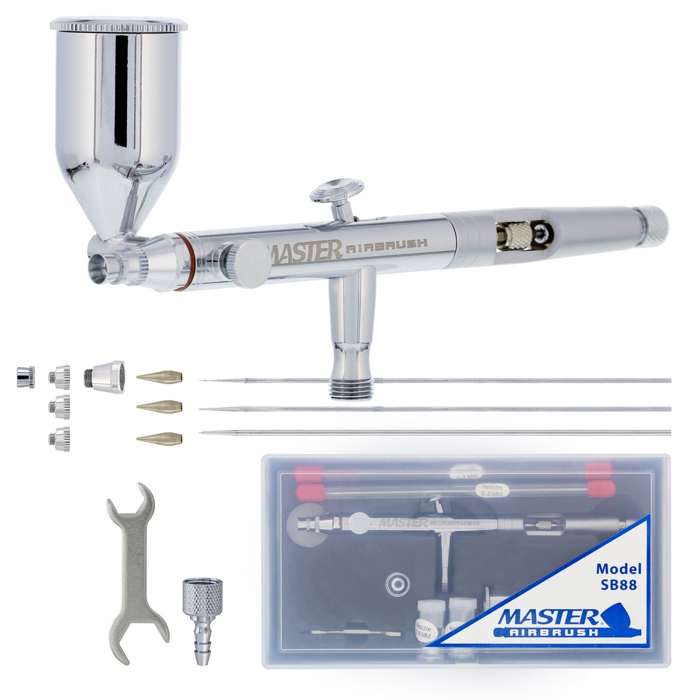 Master Elite SB88 Set Dual-Action Side Feed Airbrush Kit with 3 Nozzle Sets (0.3, 0.5 &#x26; 0.8mm) Needles, Fluid Tips and Air Caps), 1/2 oz. Gravity Cup, Guide