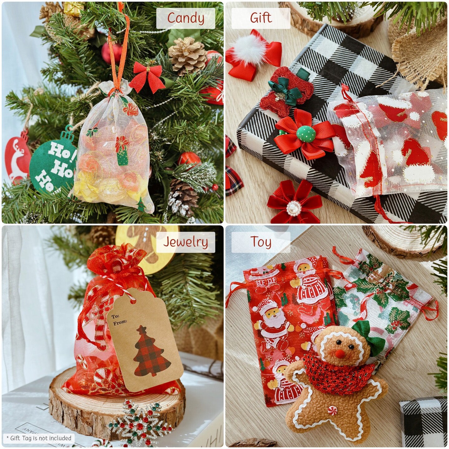 Wrapables 4 x 6 Christmas Organza Drawstring Gift Bags, Xmas Holiday Mesh Party Favor Pouches for Candy, Jewelry, Treats (Set of 20)