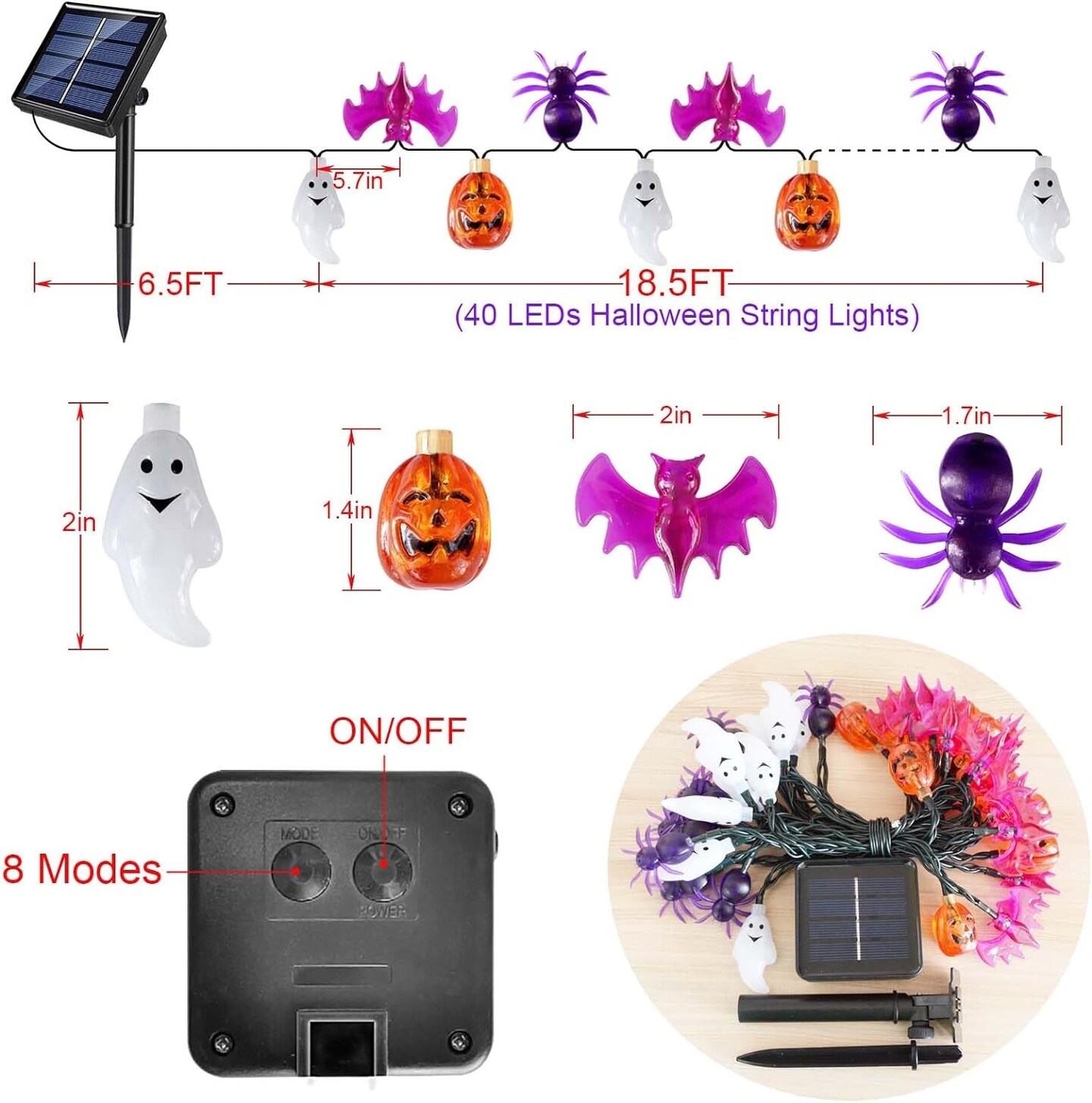 Solar Powered Halloween Lights, 40 LED, 8 Modes, Waterproof, Auto On/Off, Outdoor Use