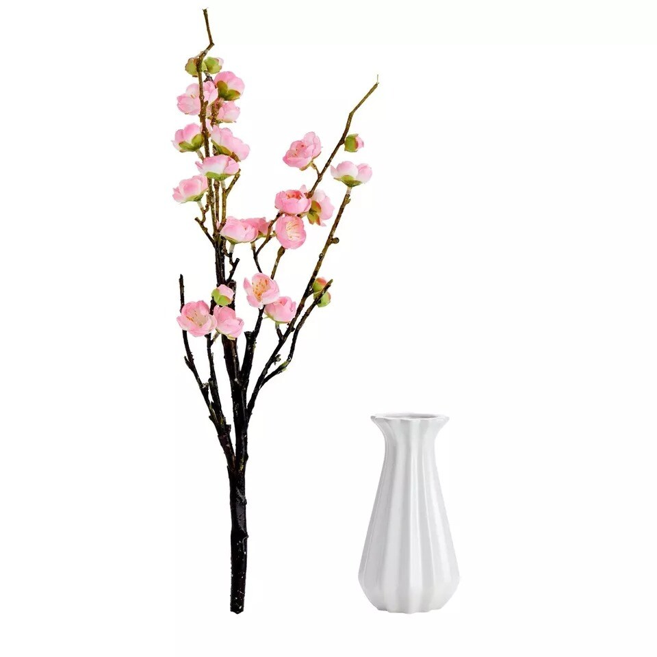 Artificial Fake Flower Cherry Blossom with Ceramic Vase for Home Decoration 5.8&#x22;