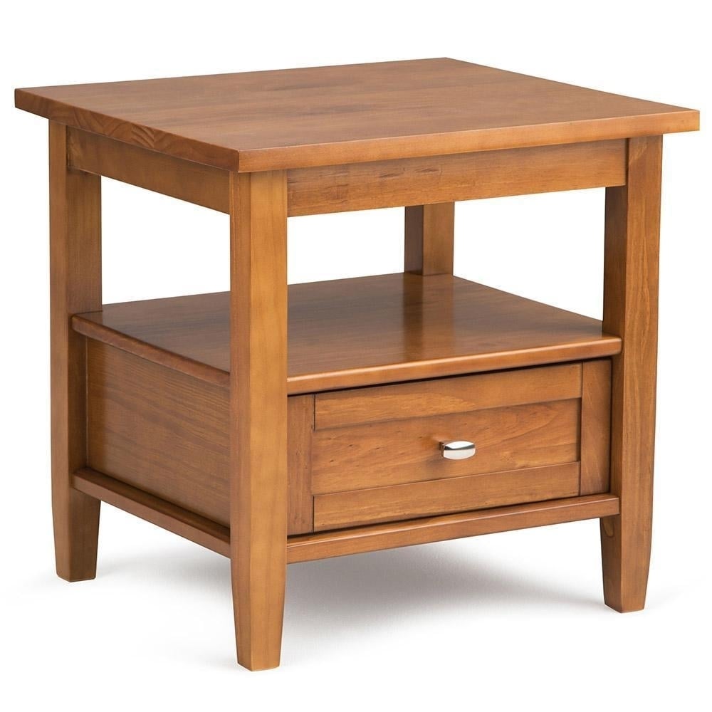 Warm Shaker End Table Solid Wood Storage Drawer Open Shelf Rustic Living Room