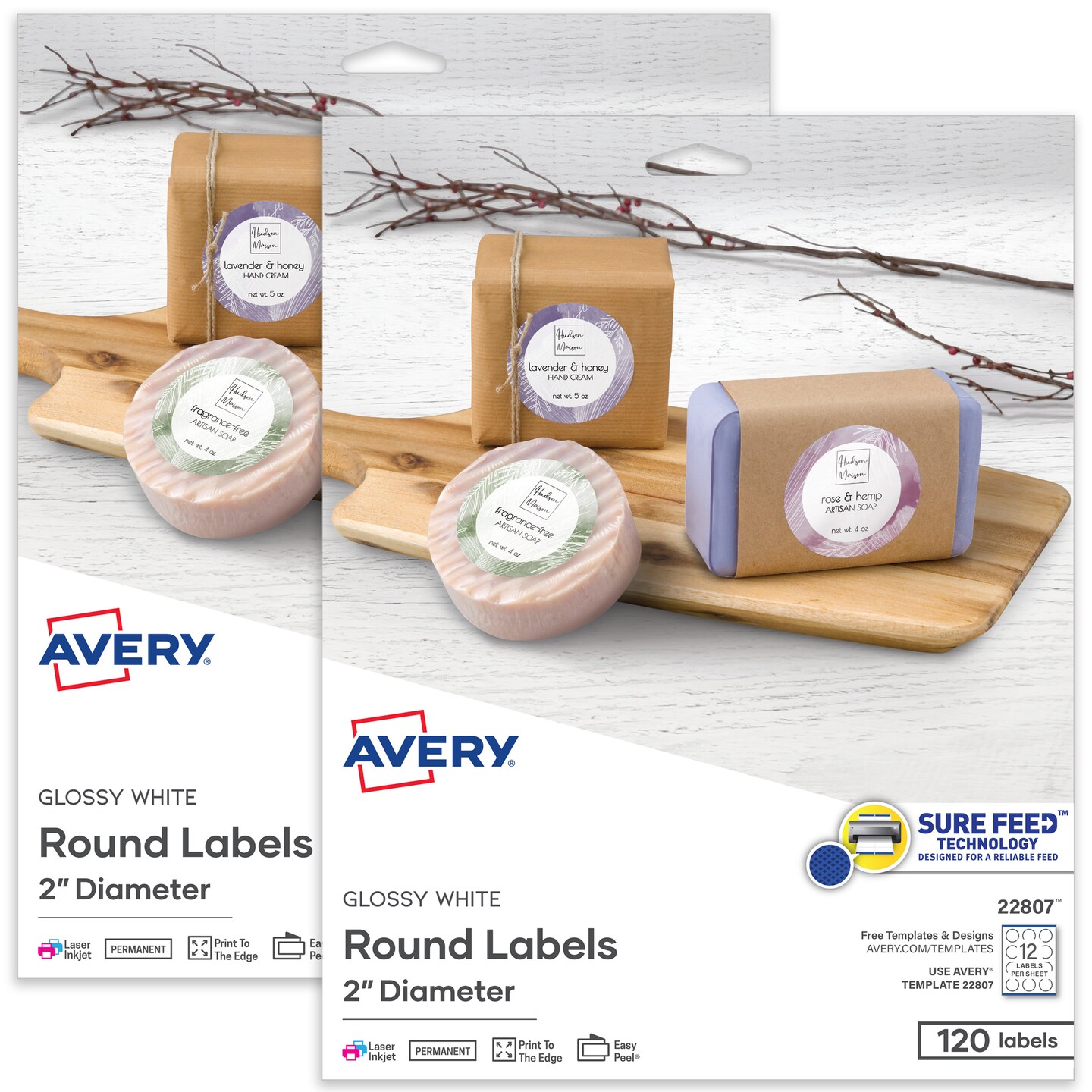 Avery Printable Round Labels with Sure Feed Technology, Glossy White Labels, 2" Diameter, Permanent Adhesive, Laser/Inkjet, 120 Per Pack for 240 Glossy Labels Total (2-Pack of 22807)