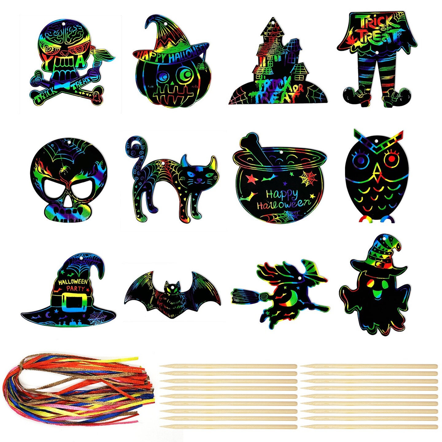 Wrapables 36pc Rainbow Scratch Arts Ornaments, DIY Magic Scratch Arts and Crafts, Halloween