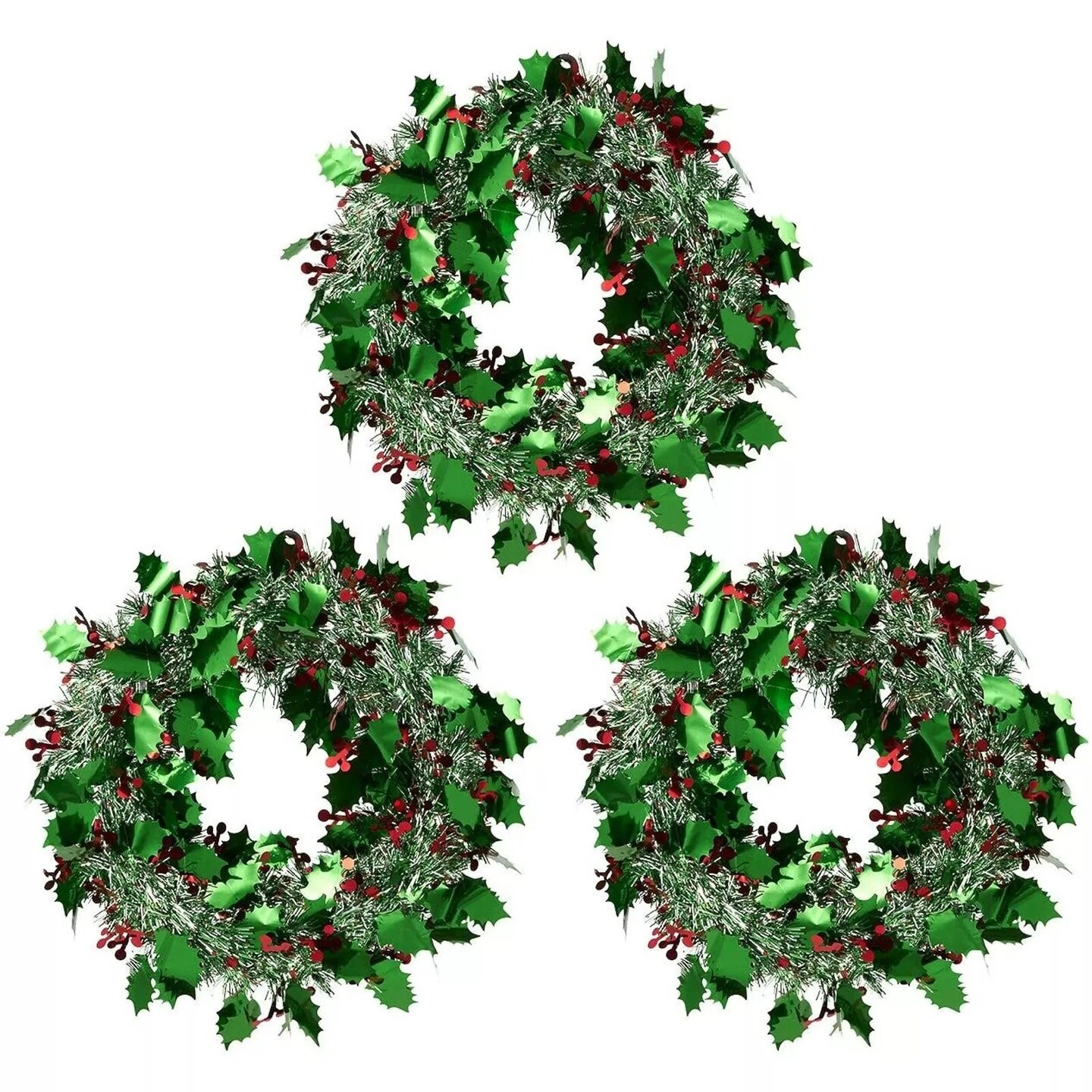 3 Pack Small Green Tinsel Front Door Wreath for Christmas, Holiday Decor, 12x12&#x22;
