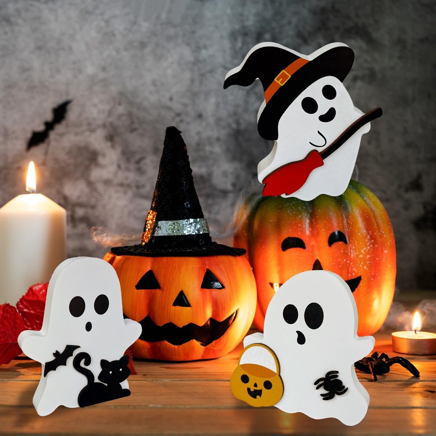 Cute Ghost Halloween Decorations for Indoors, Spooky Decorations, Wooden Tiered Tray Decor Table Sign, Black Cat, Bat, Witch Broom Signs, Pumpkin Blocks for Party Home Shelf Display