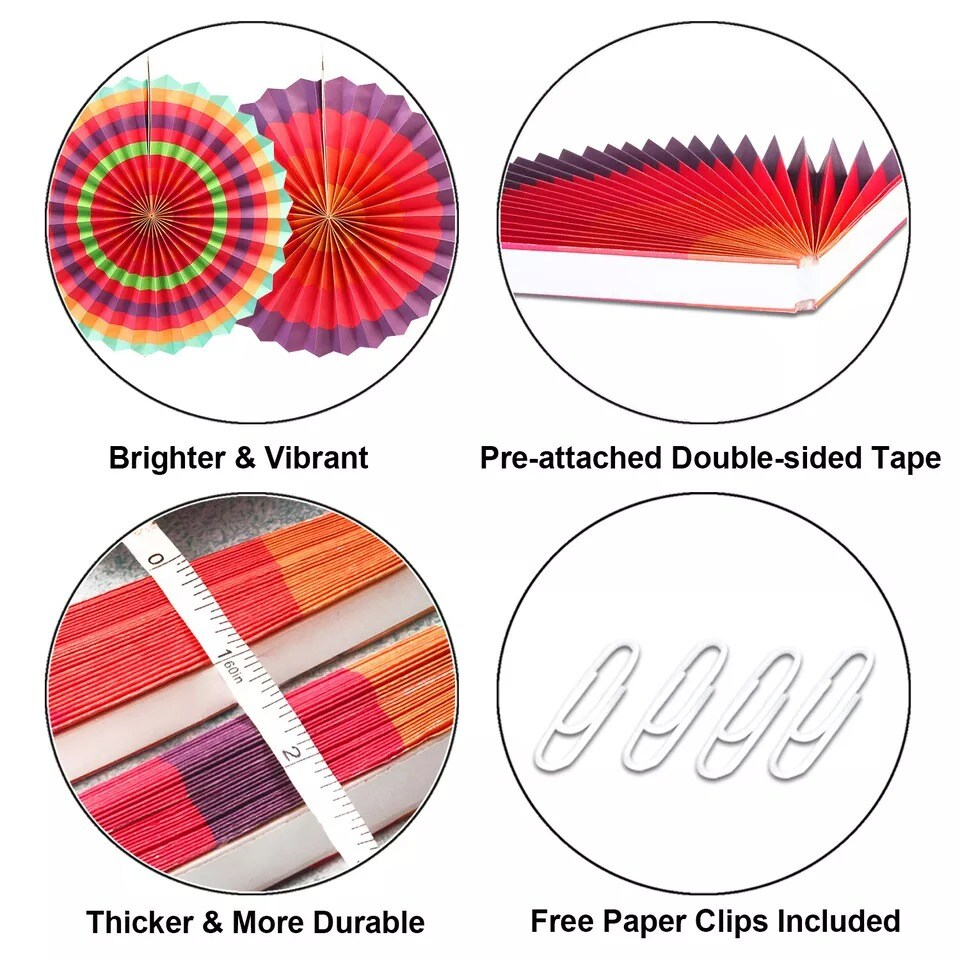 Set of 6 Vibrant Hanging Paper Fans Backdrop Rosette Flowers