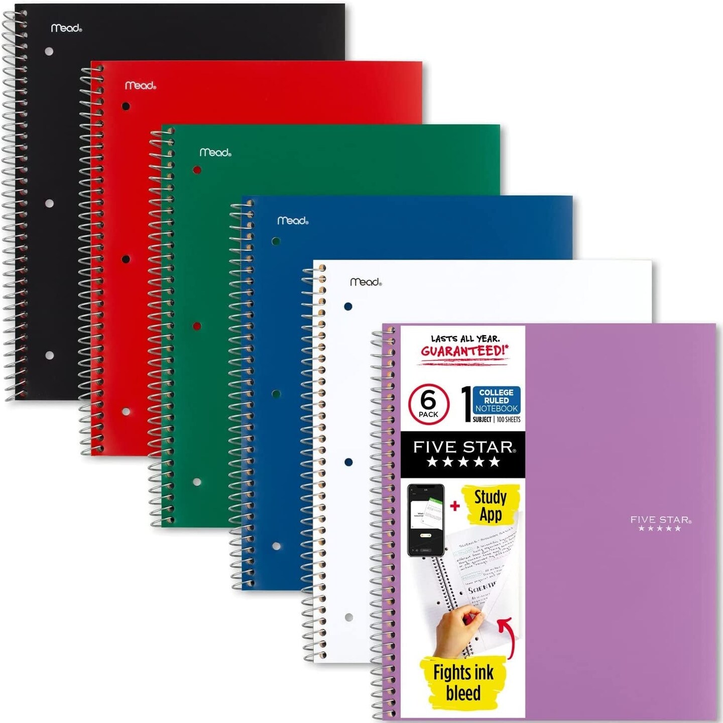 Spiral Notebook + Study App, 6 Pack, 1 Subject, College Ruled Paper, 8-1/2&#x22; X 11&#x22;, 100 Sheets, Fights Ink Bleed, Water Resistant Cover, Black, Red, Blue, Green, White, Purple (38052)