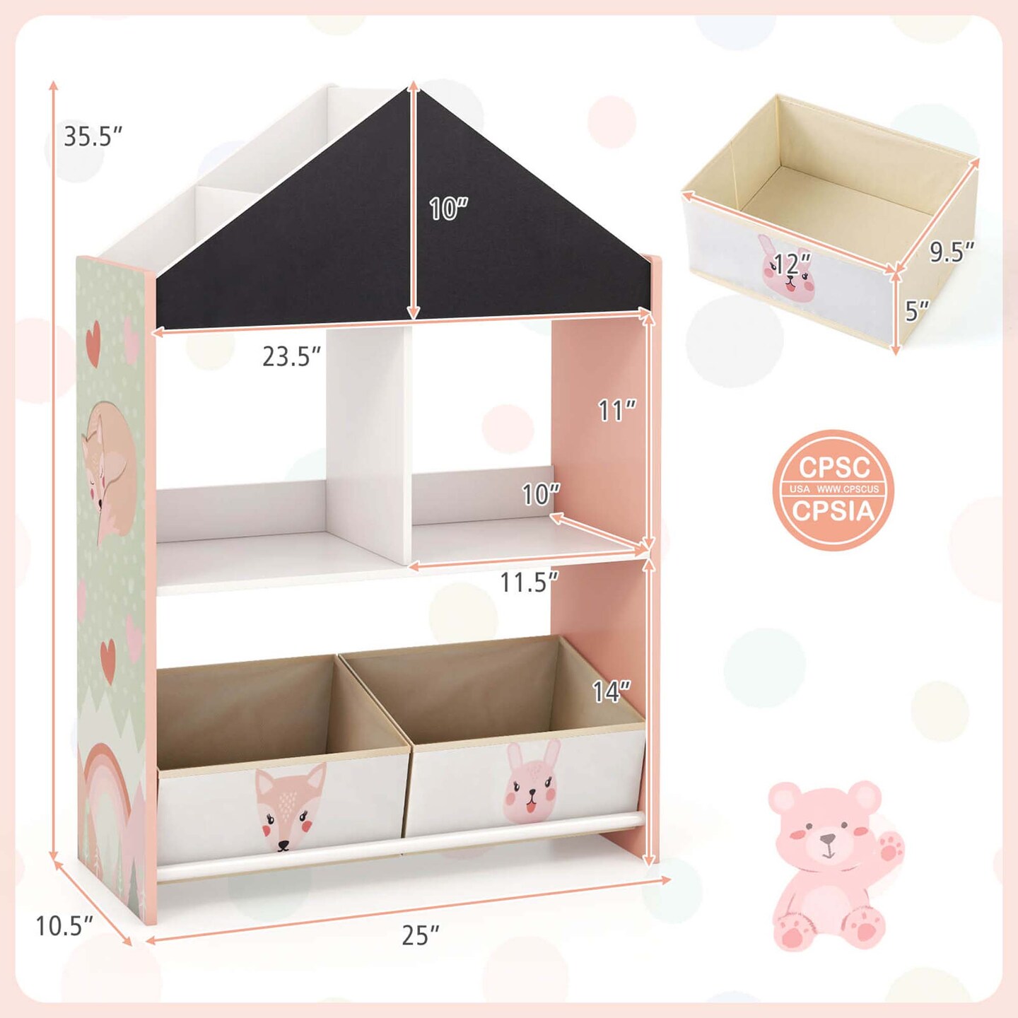 Costway Kids Dollhouse Bookshelf with Writable Chalkboard Whiteboard 4 Top Compartments Gray/Pink
