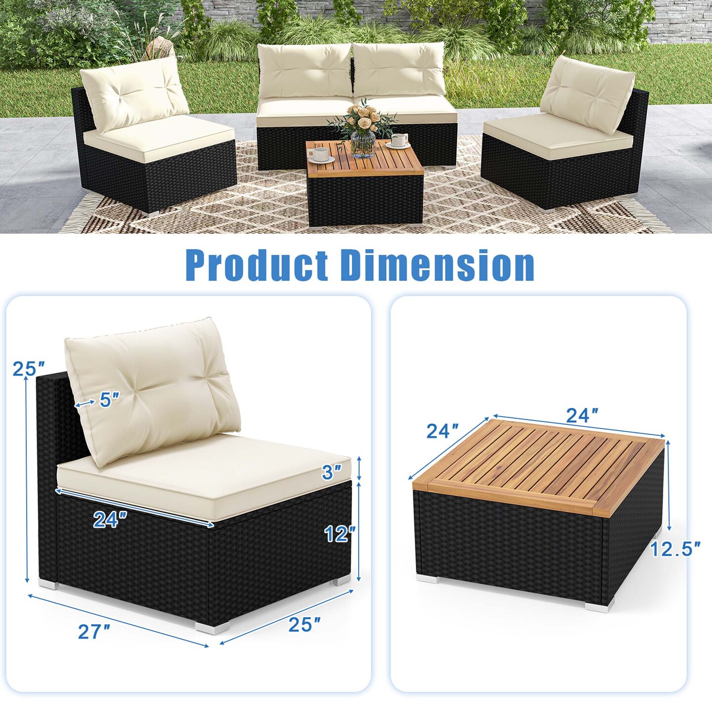 Costway 5 Piece Outdoor Furniture Set with Seat &#x26; Back Cushions Acacia Wood Tabletop