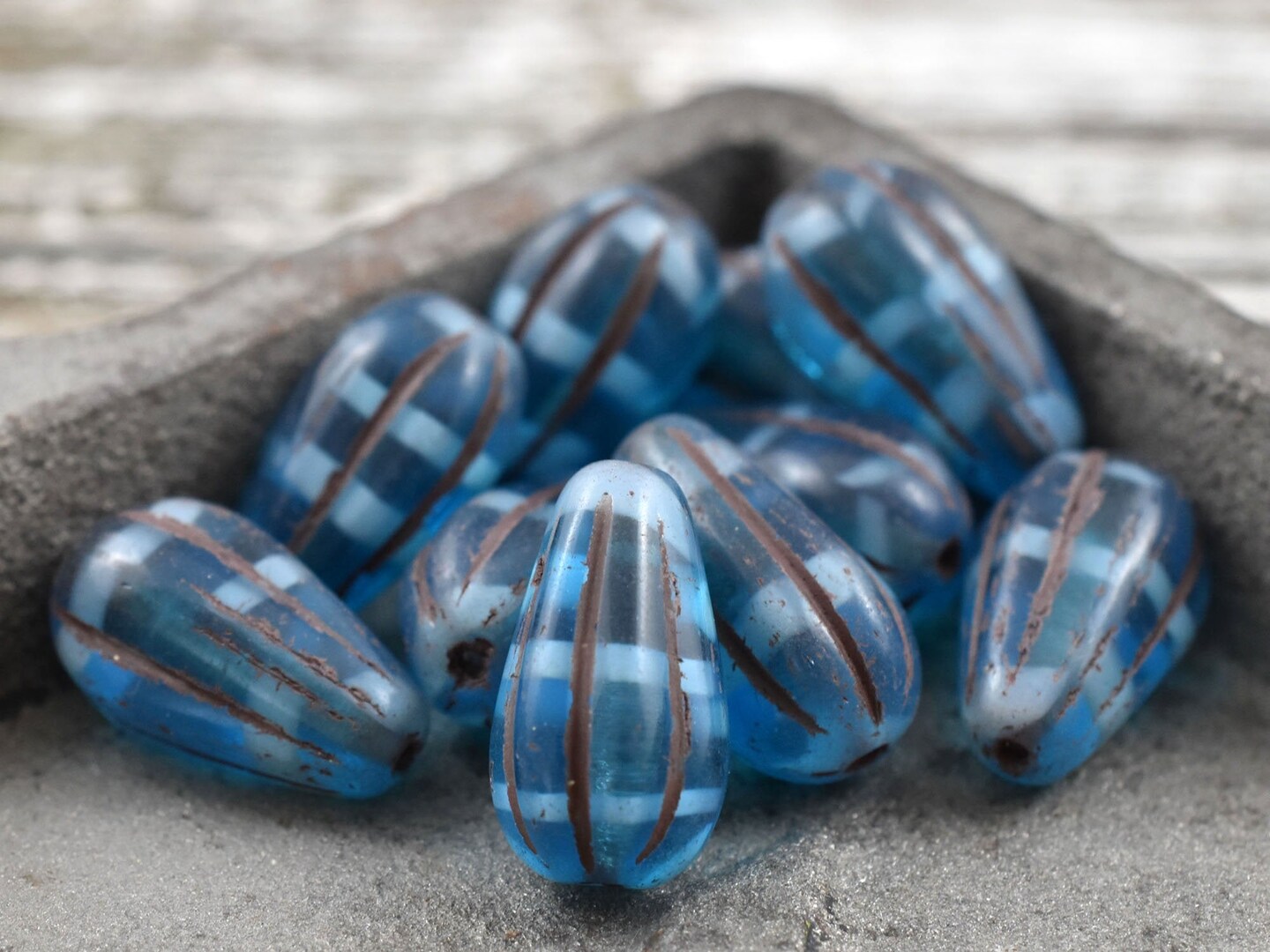 *10* 15x8mm Brown Washed Caribbean Blue Melon Drop Beads
