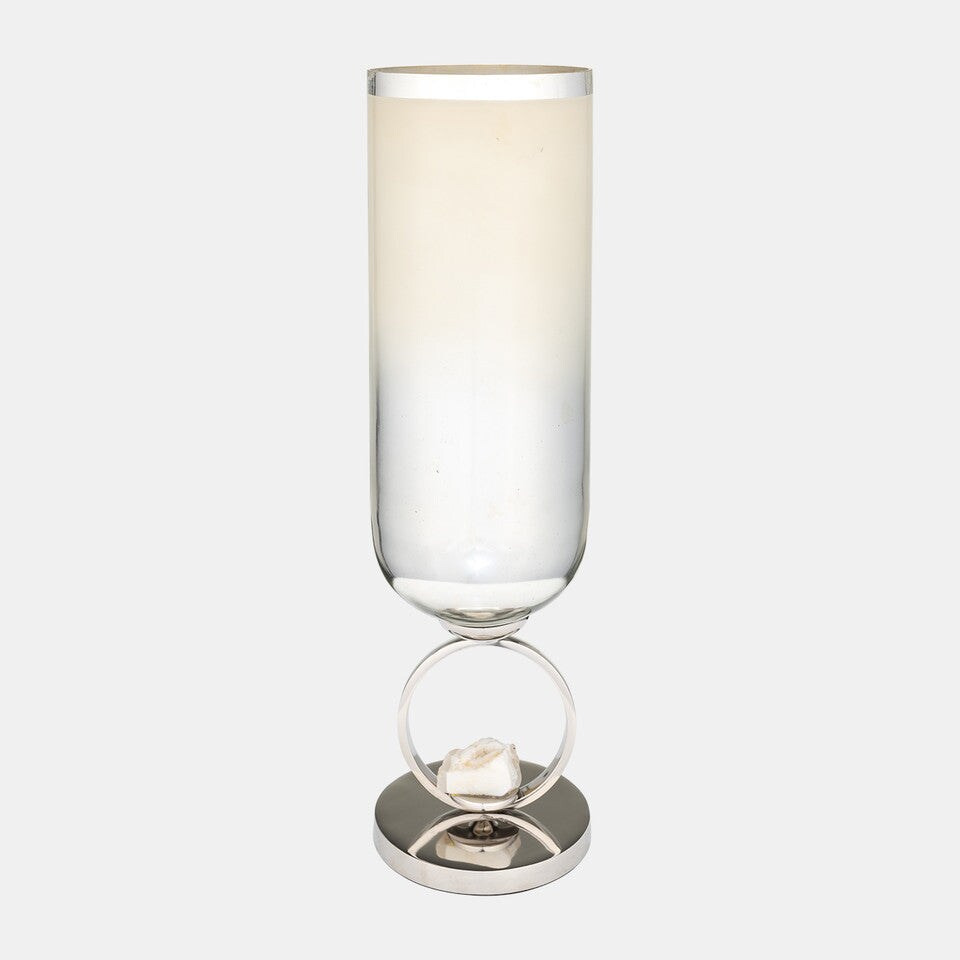 Glass, 21&#x22; Vase W/ Metal Base Stone Accent, Pearl