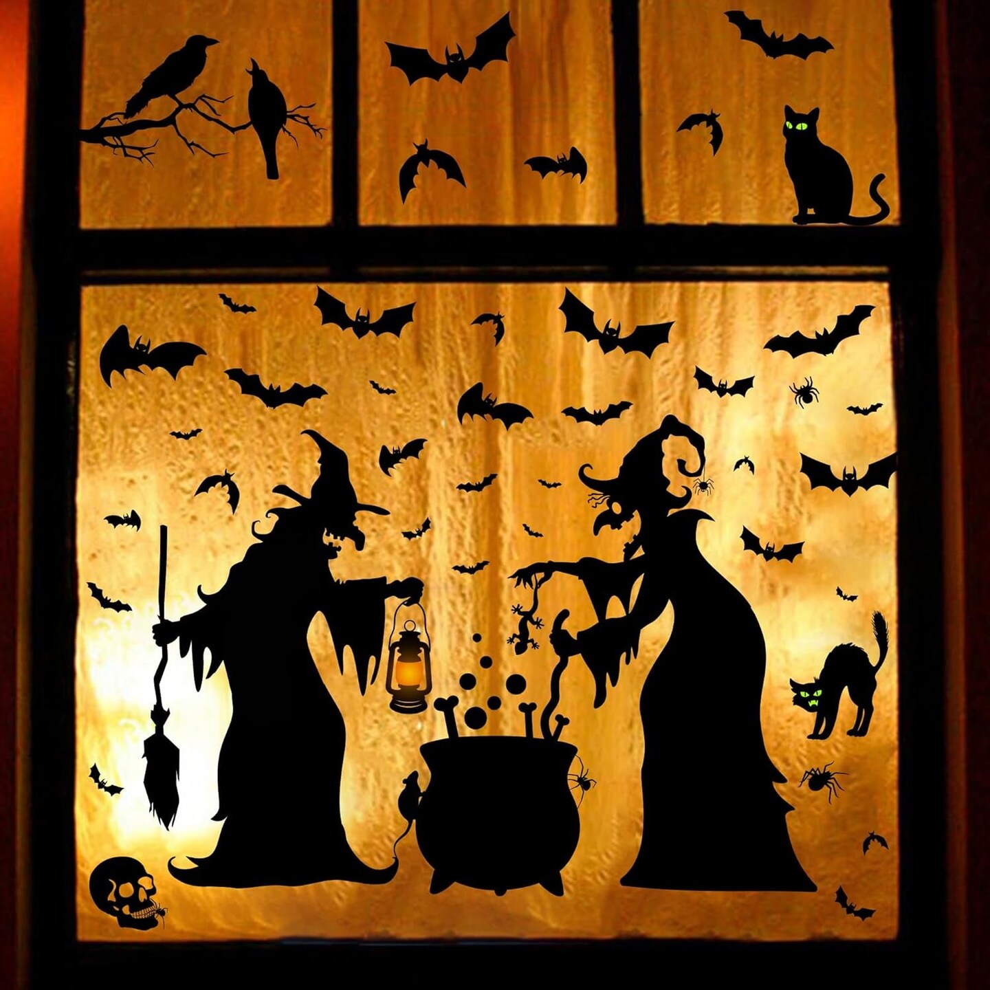 Halloween Decorations Window Clings - Large Witches with Cauldron Bats Spider Black Cat Silhouette Halloween Window Stickers Decals for Home Indoor Office Party Decor Supplies