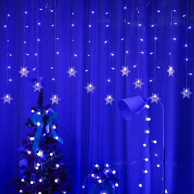 LED Christmas Curtain Snowflake Fairy String Party Lights Xmas Waterproof Decor