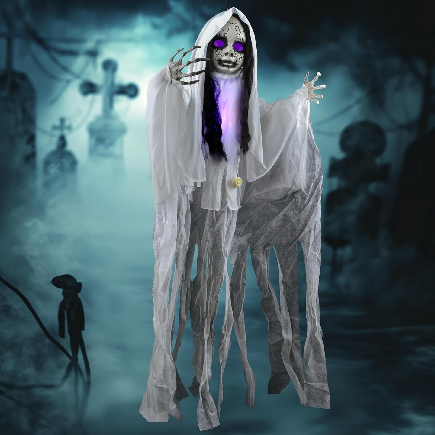 43" Halloween Hanging Ghost Decoration, Halloween Scary Hanging Ghost Girl with Light-Up Head for Halloween Outdoor, Yard, Patio Decoration, Halloween Haunted House Decorations