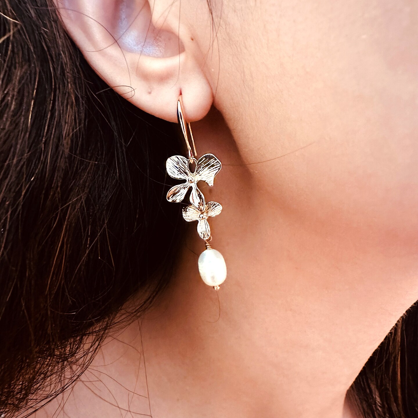Orchid flower freshwater pearl drop bridal earrings, 24k gold