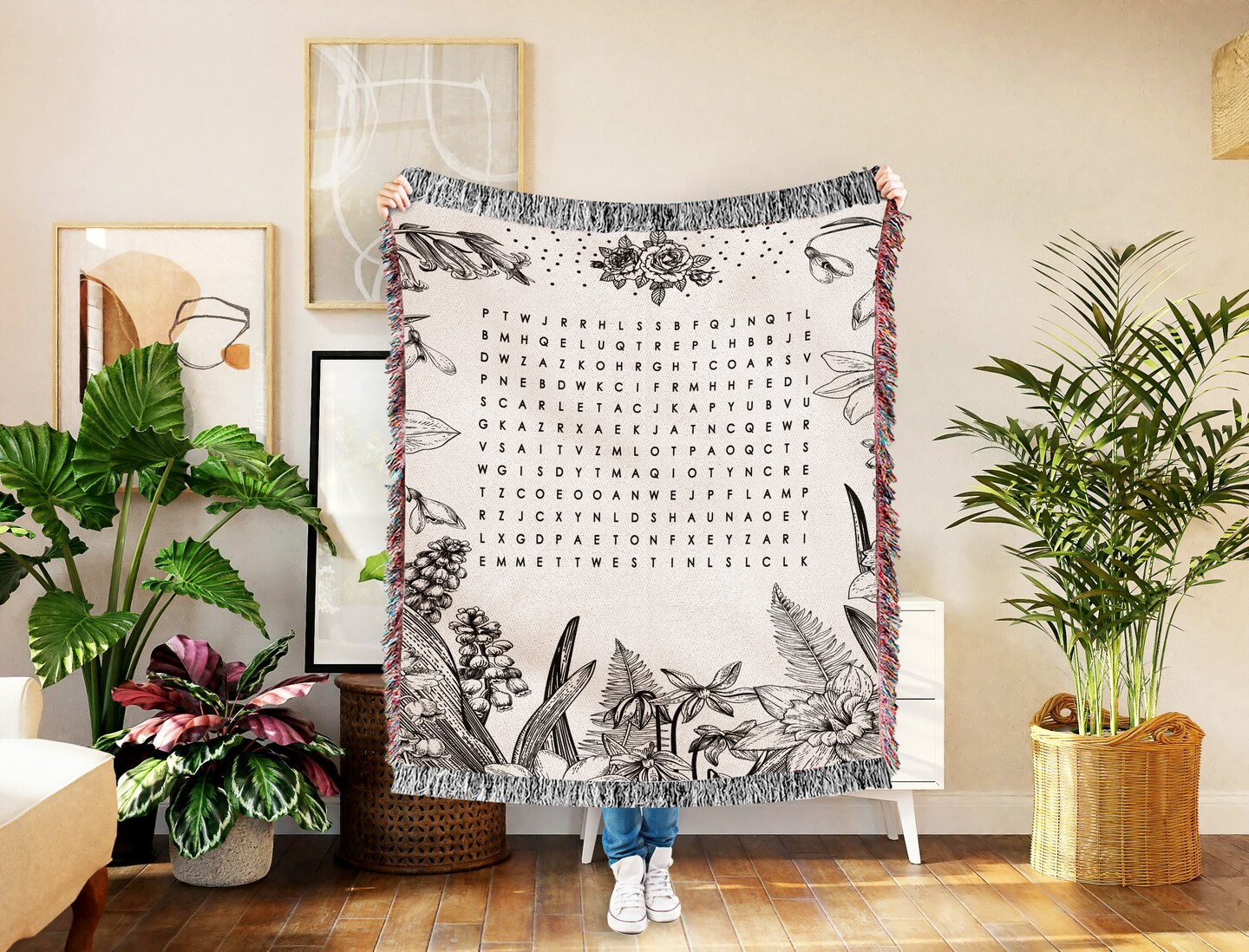 Custom Word Search Puzzle Cotton Blanket, Couple Anniversary Puzzle Tapestry, Customized Hidden Message Gift for Moms, Family Name Blanket