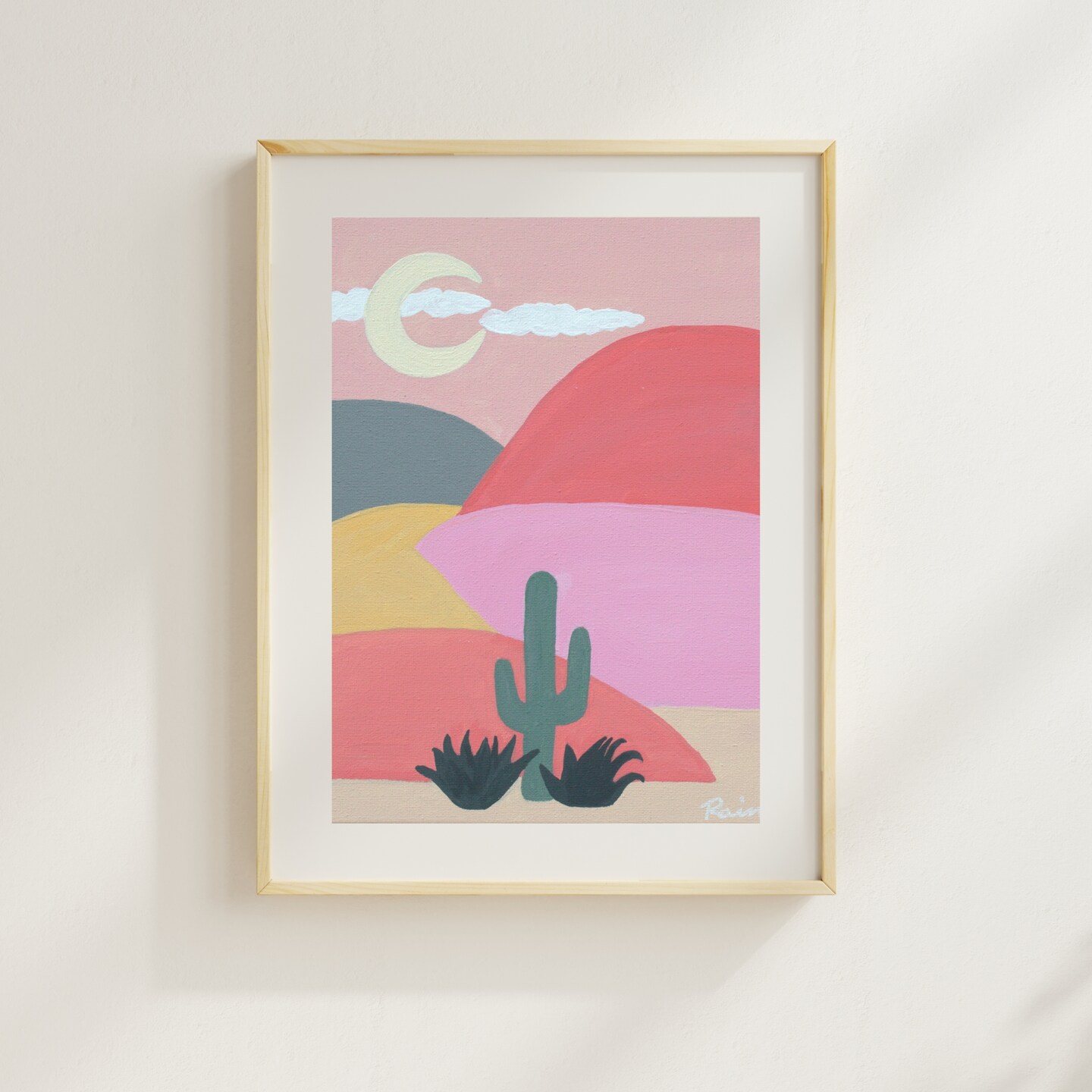 Pastel Pink Bohemian Desert Landscape art print, abstract painting, western home decor